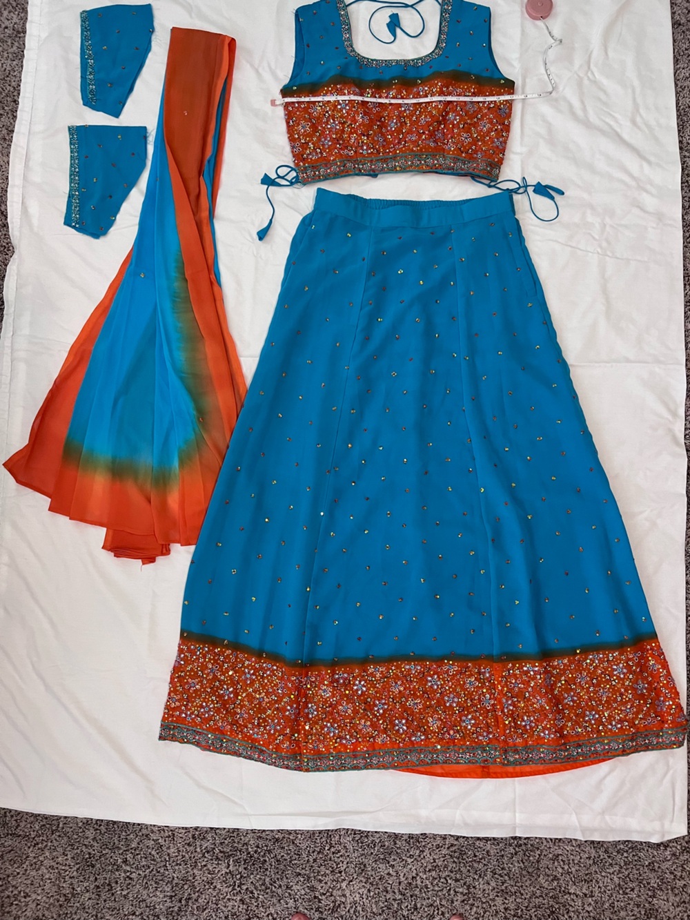Blue and Orange Embellished Women's Lehengas Skirt, blouse & dupatta